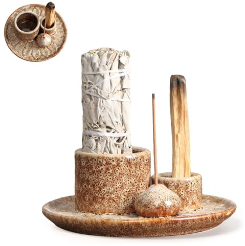4 in 1 Keramik Räucherschale für Palo Santo, Weißer Salbei Räuchern, Jedes Räucherwerk, Räucherstäbchen - Räucherstäbchenhalter Halter und Keramik Aschefänger Tablett für Yoga/Meditation/Zuhause