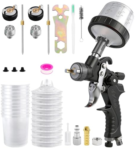 Mini HVLP Spray Gun with 0.8/1.0 mm Nozzles and 10x 200ML Disposable Paint Cups, Automotive Paint Gun Touch UP Paint Sprayer Gun, Air Paints Gun for Auto Paint, Primer, Repair Detail