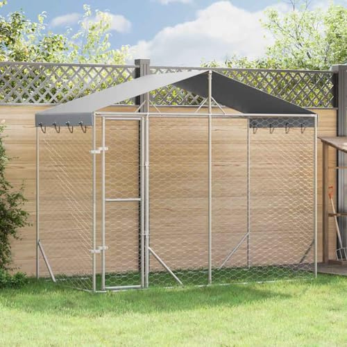 Outdoor-Hundezwinger mit Dach Silber 3x1,5x2,5m Stahl Verzinkt, Robuster Außengehege Käfig mit Abschließbarer Tür für Hunde und Kleintiere, Sicherer Freilaufbereich