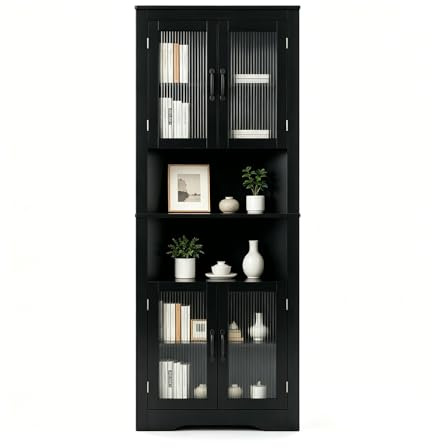 LIFEZEAL Mobile Bagno Angolare Salvaspazio, Armadio Bagno ad Angolo 66 x 35 x 171 cm, Credenza Cucina, Dispensa, con 6 Scomparti, 4 ante e 2 Ripiani Aperti, per Soggiorno, Cucina (Nero)