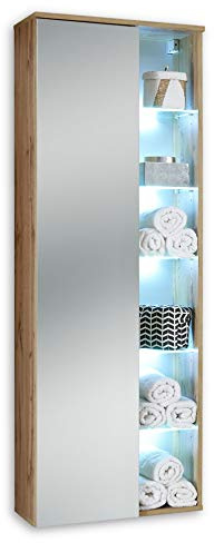 BEST Badezimmer Hängeschrank mit LED-Beleuchtung in Wildeiche Optik - Badezimmerschrank Bad Schrank mit viel Stauraum - 55 x 160 x 30 cm (B/H/T)