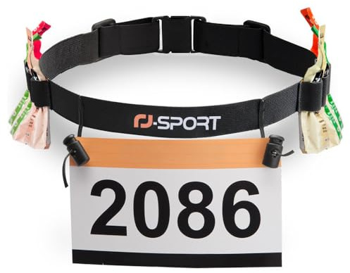RJ-Sport Cinturón con número de Carrera, Soporte para cinturón de Carreras de triatlón con 6 Trabillas de Gel de energía para triatlón, maratón, Correr y Ciclismo, 01 Negro, Talla única