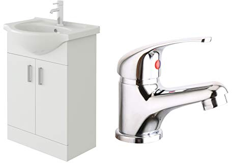 VeeBath Linx 550 Vanity Unit with Ceramic Wash Basin Sink and Mono Mixer Tap, Floor Standing, Soft Close Doors Bathroom Storage Cabinet- White (Flat Pack)