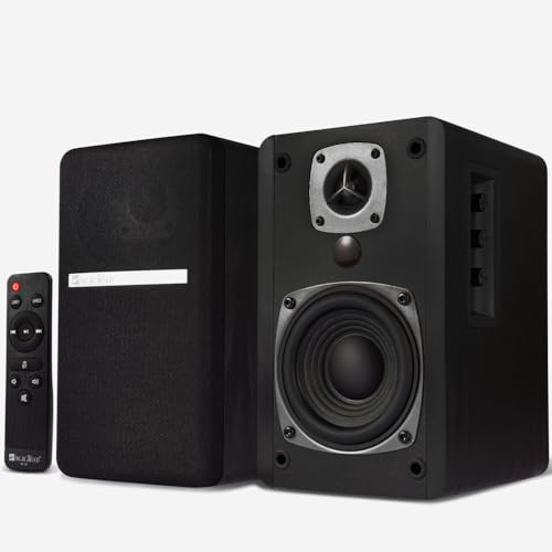 SINGING WOOD BT27 Active Powered Bluetooth Bookshelf Speakers with Built-in Control & Remote - Studio Monitor with 2 Auxiliary Line Input - 54 Watts RMS (Black)