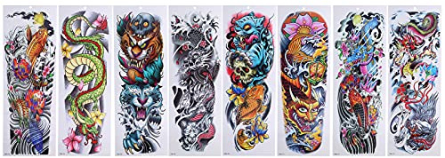 8 Fogli Autoadesivo del Tatuaggio del Braccio Completo, Tatuaggi Temporanei Manica Watrproof Completo Braccio Manica Finta Tatuaggi Adesivi Body Art, Tatuaggi Trucco per Feste per Adulti Cosplay Party