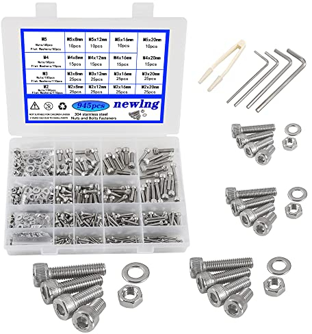 newlng M2 M3 M4 M5 Juego de Tornillos y Tuercas 940 Piezas Acero Inoxidable 304 Tuercas Tornillos y Arandelas con Cabeza Hexagonal con llave Allen