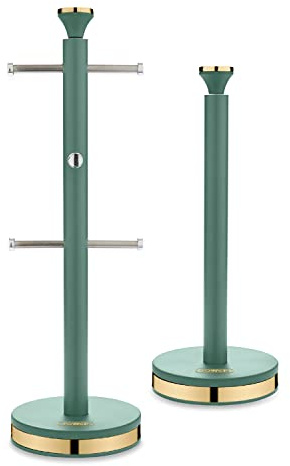 Tower Cavaletto Mug Tree and Towel Pole Set with Anti-Slip Base, Jade Green and Champagne Gold