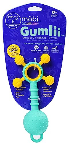 Mobi Gumlii Sensory Teether Toy - Rattle Baby Teething Toy, Food Grade Silicone Newborn Baby Sensory Teether, BPA and Phthalate Free - for 0-6 Months Newborns