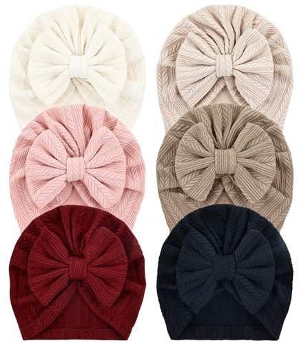 Cinaci 6 Stück Super Soft Stretchy Baby Turban Mützen mit Schleifenknoten Niedliche Neugeborenen-Kindergarten-Krankenhausmützen Hauben Mützen Kopftücher für Baby Mädchen Jungen Säuglinge Kleinkinder