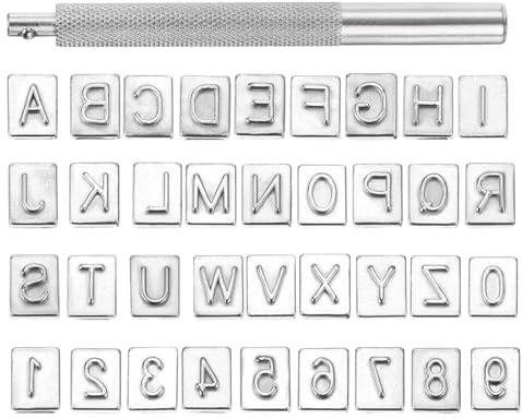 PATIKIL Juego de Sellos de Letras y Número de Metal, Juego de Sellos de 26 Letra y 10 Números, Herramienta de Punzonado de Metal Para Cuero, Cinturón, Sombrero, Zapato, Estilo 2