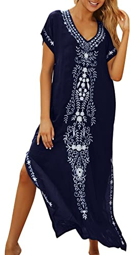 Strandklänning – lång boho-kaftan för kvinnor, transparent sommarklänning, V-ringad linneklänning, luftig strandponcho, lätt maxi-klänning som täcker bikinin, kortärmad linnetunika, Marinblått Xsp,