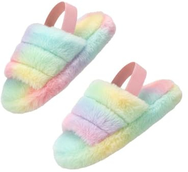 A2Z 4 Kids Fuzzy Plush Faux Fur Backstrap Slippers UK Sizes | Soft Quilted Warm Cozy Slip On Indoor House Slippers for Kids