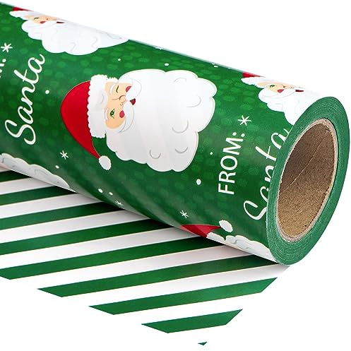 RUSPEPA Papel De Regalo Navideño Reversible - Mini Rollo - 43,2 Cm X 10 M - Diseño De Rayas Y Papá Noel Verde para Navidad, Vacaciones, Celebración De Fiestas