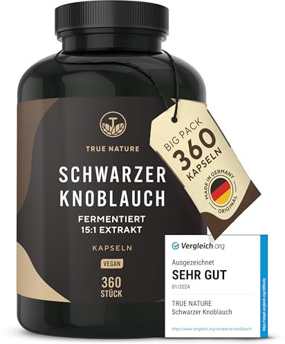 Schwarzer Knoblauch Extrakt - 22500mg pro Tag (15:1) Extrakt - 360 Kapseln 6 Monate Vorrat - Mit S-Allylcystein (SAC) - 14,89% Polyphenole - fermentiert, vegan - TRUE NATURE