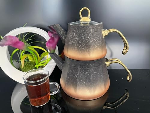 Granit-Teekannen-Set - Obere Teekanne (1,1 Liter) untere Teekanne (2,1 Liter) (Schwarz_Gold)