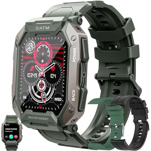 Smartwatch män med telefonfunktion, 1,81 tum AMOLED 5 ATM smart klocka fitness tracker 123 sportlägen aktivitetsspårare med blodtryck sömnmonitor, armbandsur för IOS Android, 3 klockarmband (grön)