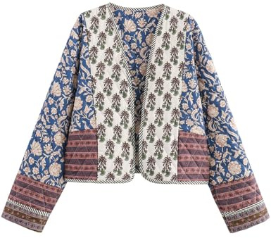 Flygo Women Cropped Puffer Jacket Cardigan Floral Printed Quilted Coats Lightweight Open Front Crop Padded Down Jackets(01Blue-S)