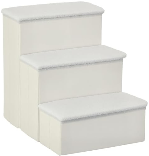 PawHut Scaletta per Cani a 3 Gradini con Vano Contenitore, Scala per Animali Domestici Pieghevole con Rivestimento Lavabile, 40x54x48 cm, Bianco