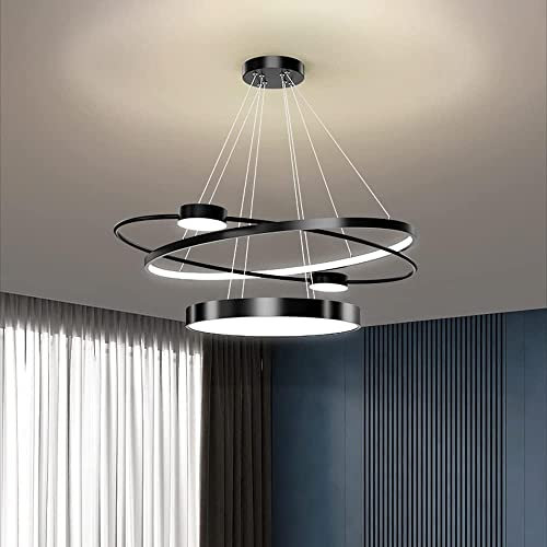 JPXXFM lustres de Lampe Petite lumière de Plafond Pendentif LED Moderne, 3 Anneaux Collection Peinture Noire, lumière Suspendue réglable contemporaine, 2700k - 6500k, avec télécommande - Lampe