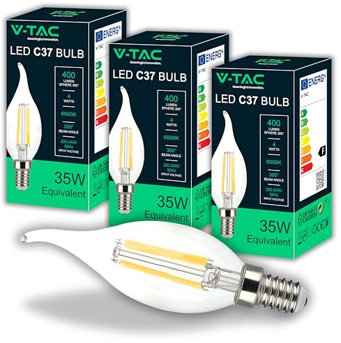 V-TAC 3x Lampadine LED Filamento Fiamma con Attacco Edison E14-4W (Equivalenti a 35W) - 400 Lumen - Massima Efficienza e Risparmio Energetico
