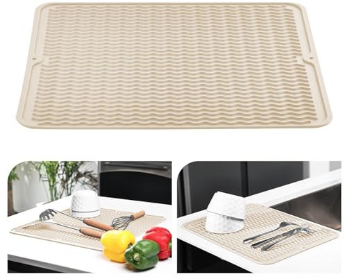 KitchenRaku Tappetino scolapiatti 40x45cm, Resistente al calore,Sottobicchieri in silicone antiscivolo, Presine, Tovaglietta, Ripiano per cucchiai (Beige)
