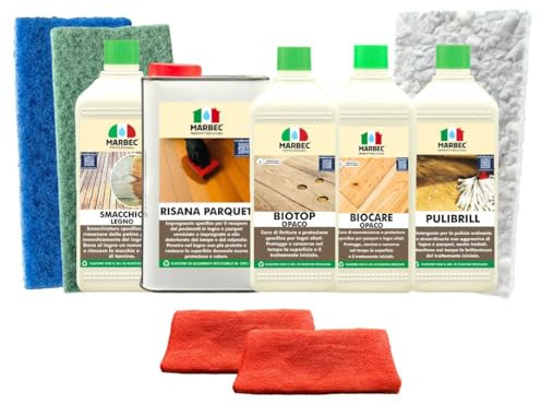 MARBEC KIT RESTUARA LEGNO VERNICIATO OPACO Per il restauro pavimenti in legno verniciato opaco per rigenerare parquet usurati, ravvivare il colore, eliminare l’ingrigimento e proteggere