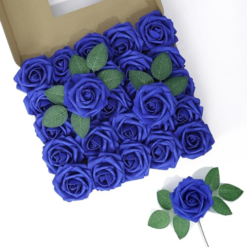 LEUCHTAMOR 25 rose artificiali blu reale, rose finte in schiuma realistica al tatto, per bouquet da sposa, centrotavola, composizione floreale, decorazione per la casa