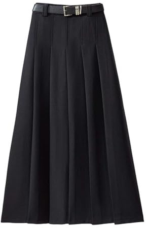 Gonna midi da donna in linea ad A, con pieghe plissettate, elegante gonna lunga al polpaccio con cintura, senza tempo per l'ufficio e il tempo libero, Stil_a01 Nero, L