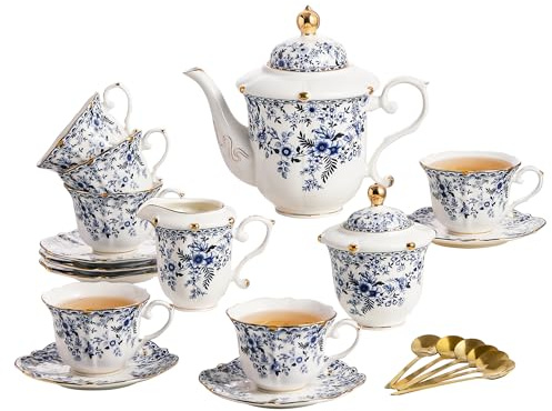 TATSUMI Country Roses Porcelain Tea Set, European Ceramic tea set for adults,Vintage Style, For Women and Tea Parties (BLUE, 21 Pieces Set)