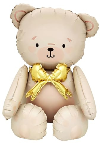 XXL Globos de Oso, Bär de Aluminio Ballon, Lindas Decoraciones, Suministros De Fiesta De Cumpleaños, Color Crema con Lazo Dorado, Relleno de Aire, Globo de Pie para Baby Shower