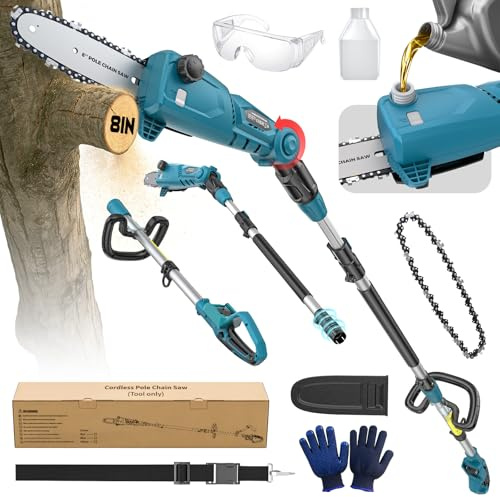 LIVOWALNY Elagueuse sur Perche Compatible avec Batteries Makita 18V, Tronçonneuse 8 Pouces, Perche Télescopique 2,1 à 2,7m, Lubrification Auto, Tête Coupe Inclinable 0 à 45°(Outils Uniquement)-Bleu