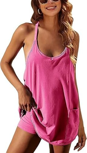 Omoone Mini Robe de Sport Femme sans Manches Short intégré Poches Tennis | Coton doux, respirant, poches latérales profondes, col en V, adapté à la maternité, course à pied, gym, entraînement