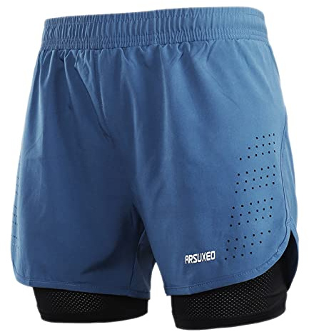 ARSUXEO löparshorts för män, gymshorts med kompressionsshorts 2-i-1 löparshorts för träning, fotboll, basket, BLÅ, XL