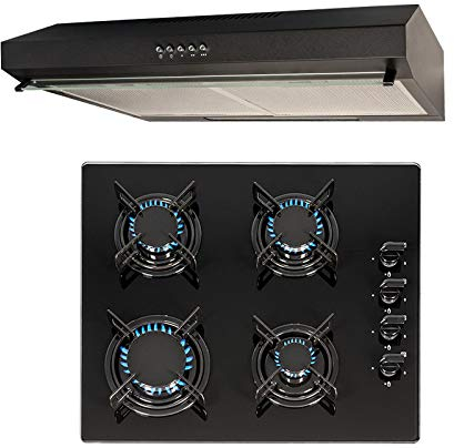 SIA 60cm 4 Burner Black Gas On Glass Hob And Slimline Visor Cooker Hood Fan