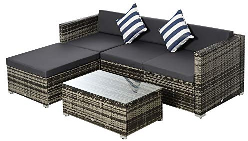 Outsunny 5 Pieces Outdoor PE Rattan Patio Furniture Set, 4 Seater Garden Sectional Sofa with Glass Top Coffee Table, Metal Frame, Cushion, Pillows, Grey