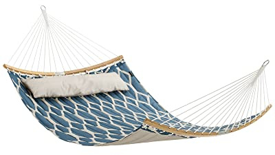 SONGMICS Hamac en Tissu matelassé avec Barres Amovibles en Bambou incurvé, avec Oreiller, 200 x 140 cm, capacité de Charge 225 kg, Losange Bleu et Beige GDC034I02