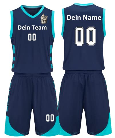 Benutzerdefiniert Basketball Trikots Kinder Herren mit Namen Nummber Logo Basketball Jersey Shirt und Shorts (Saphirblau)