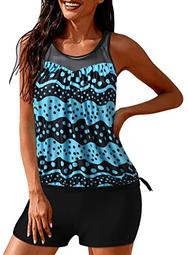 PAIDAXING Damen Tankini Set Zweiteilige Badeanzug Sporttop Rückenfrei Bauchweg Badeanzüge Wassersportbekleidung+Hotpants Mini Beachwear Große Größen Badeanzug Für Dicke (Blue, S)
