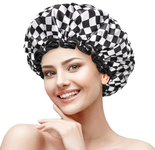 mikimini Duschhaube Damen, Doppelschichtig, Wasserdicht, Wiederverwendbar, Waschbare Badehaube für Damen Mädchen mit dickes Haar, schlichtem Schachbrettmuster, Mittel