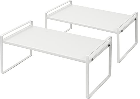 Nxconsu 2Pack Cabinet Shelves Stackable Shelf Organizer Rack Riser for Kitchen Cabinet Pantry Cupboard Counter Countertop Home Organization Storage Space Saver Heavy Duty Metal Nonslip White