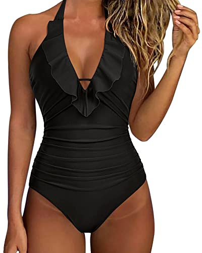 SUUKSESS Women Sexy Halter One Piece Swimsuits Ruffle V Neck Tummy Control Bathing Suits (Black, L)