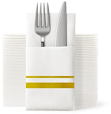UKEENOR Einweg-Servietten, Stoff, wie mit integrierter Bestecktasche, Hochzeit, Party, Leinengefühl, weiße und goldene Serviette, vorgefaltet für Besteck, 100 Stück