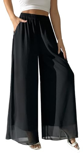 zsangbee Pantalones Palazzo de Pierna Ancha para Mujer, de Gasa, Sueltos, para Fiesta, Boda, Pantalones Casuales Elegantes, Negro -, L Corto