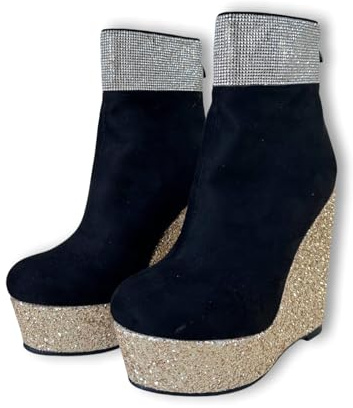 Frankie Hsu Bottines compensées faites à la main, daim noir, doré, paillettes, strass, talons hauts, grande taille, US5-19, chaussures unisexes pour femmes et hommes