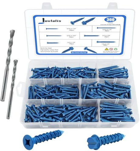 360 PCS Concrete Screws Drill Bit,1/4 3/16 Concrete Screws Flat & Hex Head Masonry Block or Brick Cement Screws and Anchors, Diamond Point, Length 1-1/4 to 2-1/4,Blue Coated