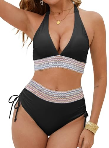 CheChury Conjuntos de Bikinis Mujer Cintura Alta Bikinis Halter Cuello en V Sexy Traje de Baño 2 Piezas Vientre Plano Bañadores Mujer Reductores Natacion Talla Grande Bikini Push Up Bañador Reductor