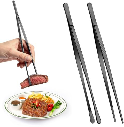 2 Pz Pinze da Cucina Acciaio Inox, 30 cm Pinza Barbecue Professionale, Pinza Chef Pinzette da Cucina per Barbecue, Cottura alla Griglia, Servizio, Utensili da Cucinas(Nero)