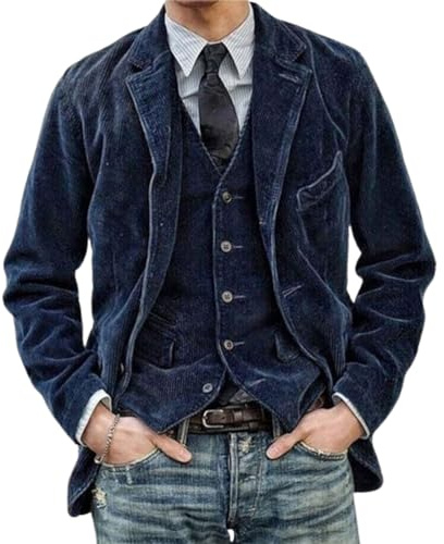 Oanviso Blazer Uomo Giacca di Velluto Retro Blazer in Velluto a Coste Casual Cappotto con Risvolto Regular Fit Autunno Elegante Giacca da Abito con Button e Tasche B Blu Scuro XXL