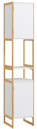 HOMCOM Meuble Colonne de Rangement Salle de Bain Armoire Haute avec 2 placards et 2 niches, étagère Ajustable, Porte à Ouverture par Pression, Bambou, 33 x 33 x 170 cm, Blanc