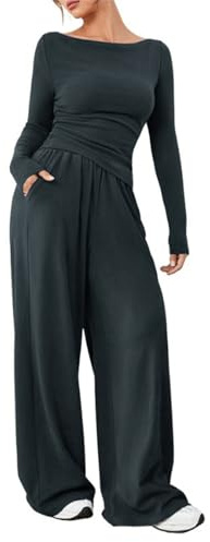 crazy bean Conjunto Deportivo Mujer Invierno Chándales Chandal Mujer Completo Casual Completo Manga Larga 2 Piezas Suave Top Manga Larga Pantalón Pata Ancha para Fitness Jogging Gris Oscuro XL